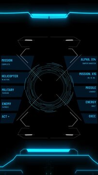 Blue tactical HUD display circular aiming scope, mission text, weapon status panels interface lines. for esports graphics, shooter games, simulator scenes, cyber intros, animated overlays.