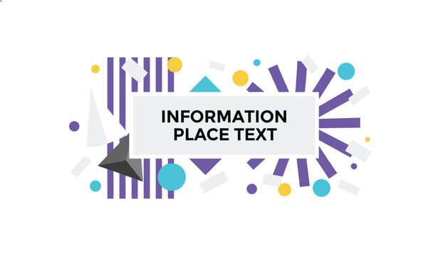 Modern graphic banner design with geometric shapes, purple stripes, and a central frame for information placeholder text.