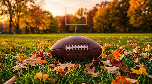 American football on autumn field a golden hour sports scene for fall advertising and seasonal promotions