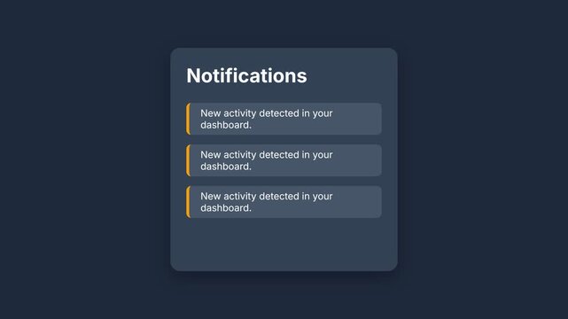 Notification panel, three identical alerts, new activity detected, dark background, static, symbolizing technology alerts.