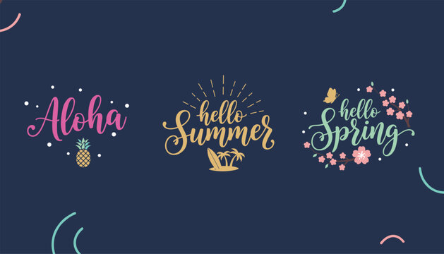 Collection of seasonal greetings featuring Aloha, hello Summer, and hello Spring typographies on a dark blue background.