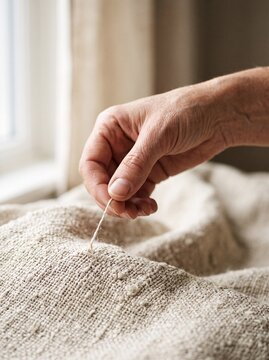Close-up of a hand gently pulling a loose thread from raw organic linen fabric