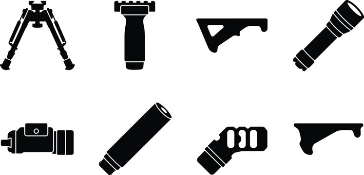 Set of black tactical weapon accessory silhouettes featuring bipod grips flashlight and suppressor vector illustrations