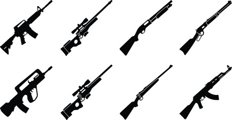 Set of black weapon silhouettes featuring assault rifles sniper guns shotguns and military firearms vector illustration © MdMonowar