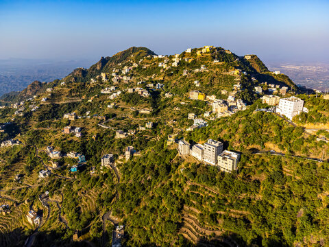 Saudi Arabia, Jazan Province, Faifa, Aerial view of rural settlement in Faifa Mountains