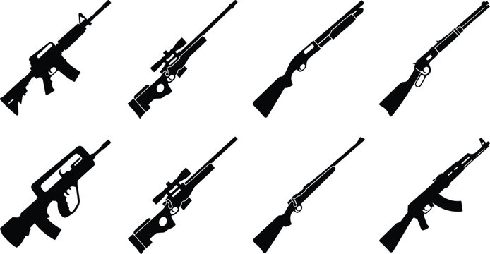 Set of black weapon silhouettes featuring assault rifles sniper guns shotguns and military firearms vector illustration