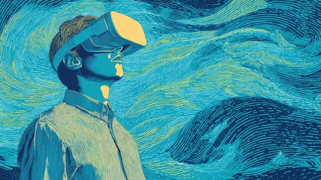 Person wearing a virtual reality headset is depicted in a stylized artistic manner with swirling brushstrokes to represent the creative potential and artistic depth of immersive digital reality.