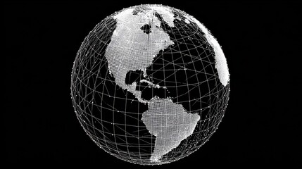 Naklejka premium Globe rendered as a digital wireframe structure orbits against a stark black background to represent global connectivity and international data networks in modern technological communication systems.