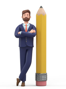 A man leans on a giant pencil