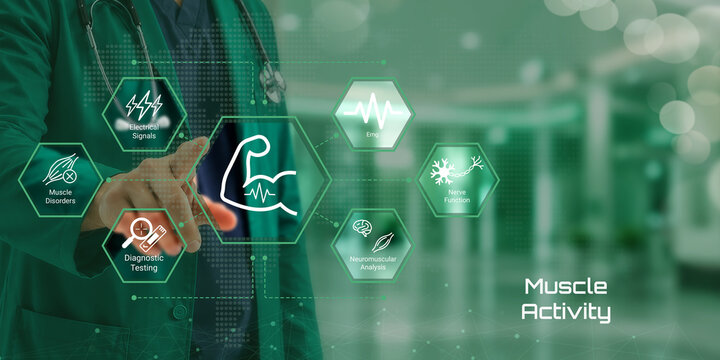 Medical professional analyzing muscle activity with diagnostic tools and digital health technology