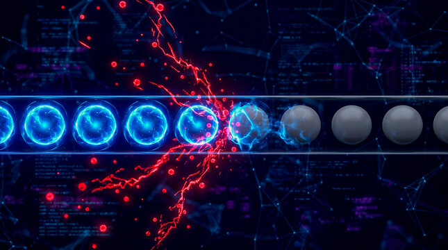 Blue qubit row red noise intrusions collapsing to grey classical bits decoherence dark, quantum decoherence