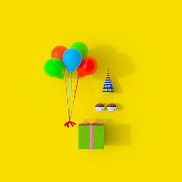 The yellow background displays a birthday balloon and a present