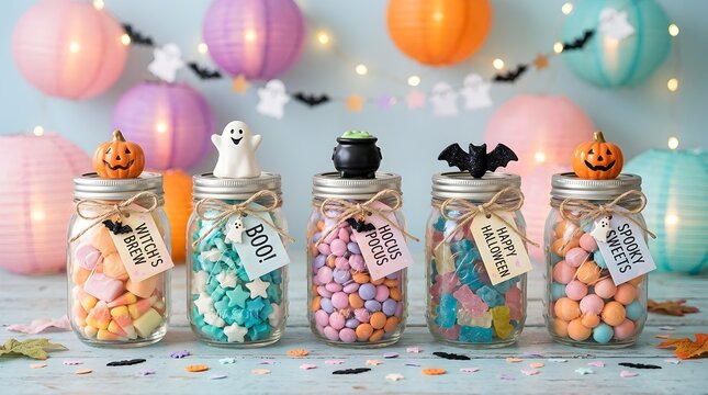 Festive halloween candy jars with decorations for spooky season celebrations and sweet treats display