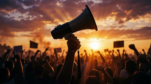 Hand holding a megaphone against a sunset sky with a protesting crowd. Social movement concept of freedom, rights and public demonstration. Silhouette background.
