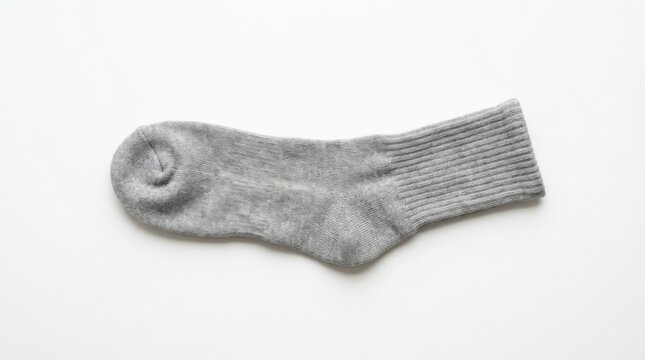 Single plain grey cotton crew sock laid flat isolated on white background