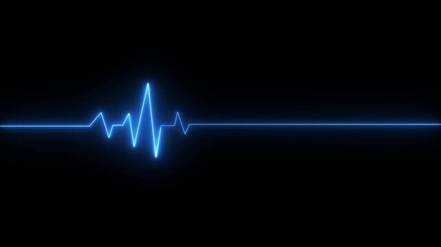 Neon ecg line animation video on black background. Heart beat. Electrocardiogram. One pulse line. ECG heartbeat monitor, blue neon Heart beating and pumping, medical abstract motion animate.