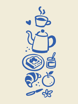 Breakfast tea set hand drawn doodle vector illustration
