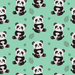 Cute panda seamless pattern, baby background with cartoon panda bear and tropical leaves on mint green © Olena