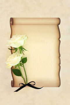In loving memory white rose flower in memorial card on paper scroll and parchment background. Floral design for funeral for text.