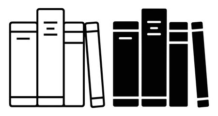 Black and white icons of books standing upright in a row with one book leaning on transparent background © Артур Дацко