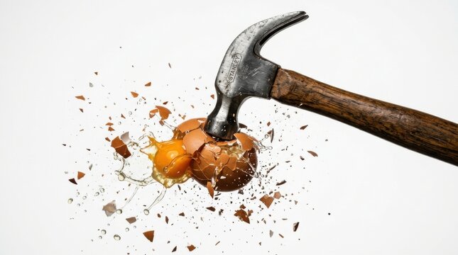 Action shot of a hammer striking and smashing a brown egg into pieces with yellow yolk splashing isolated on a white background