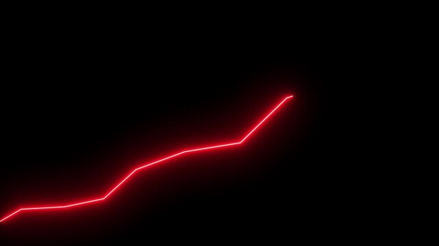 Glowing neon line market Recovery Concept. Successful growth trend red line graph going Up. Abstract neon line red arrow business graph on dark motion background.