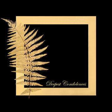 Deepest condolences gold fern memorial design with gold frame on black background. Remembrance rest in peace concept for funeral card.