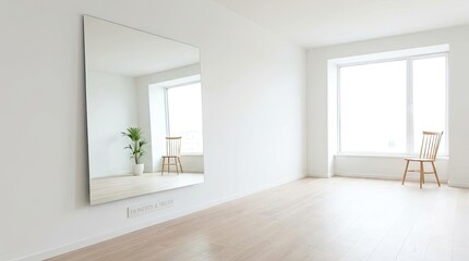 Fototapeta premium A large, rectangular mirror hangs on a white wall in a bright, minimalist room. The mirror reflects a window with a view of a serene outdoor scene, including a wooden chair and a potted plant.