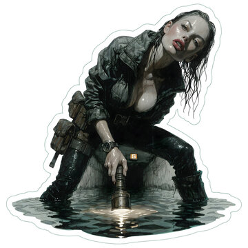 Woman explorer in wet tactical gear as PNG element