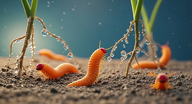 Macro shot of soil, plant roots, dew drops, and worm-like creatures with red heads