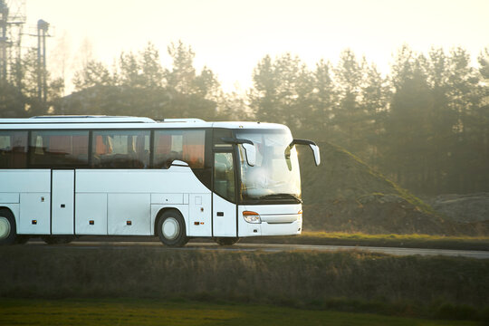 Modern coach traveling through countryside