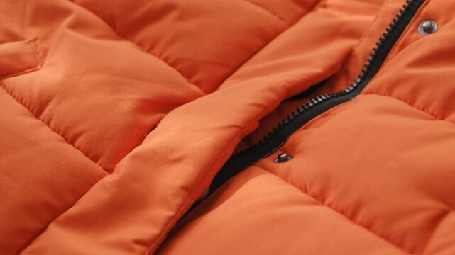 Close-up of details of orange warm quilted jacket: black zipper, snap buttons, even stitching. Concept for fall outerwear, highlighting texture of water-repellent material and quality of tailoring
