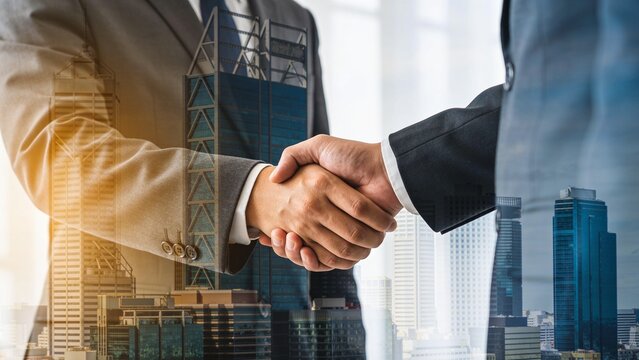 Double exposure image depicting two businessmen shaking hands against a cityscape backdrop, symbolizing business, agreement, and cooperation.