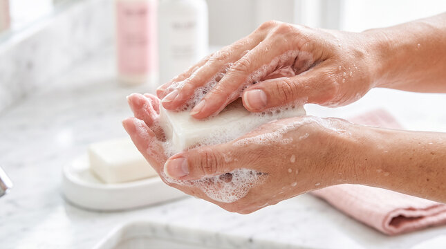 Woman washing hands using solid white soap bar over marble bathroom sink creating thick foamy lather promoting hygiene sanitation healthcare cleanliness