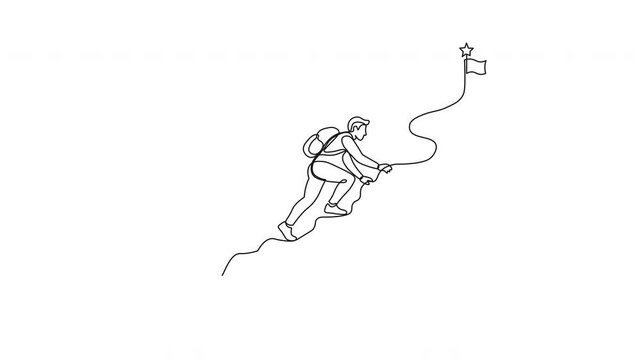 Continuous line art animation of hiker climbing a steep mountain summit.