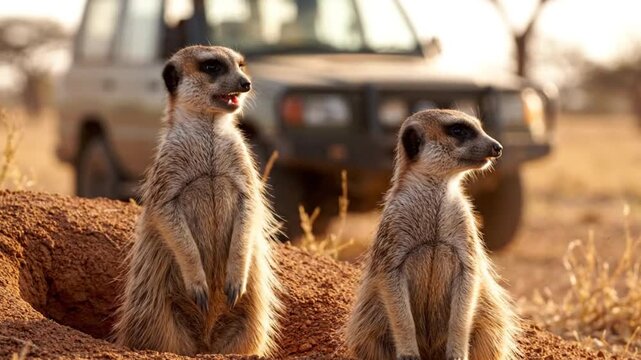Two meerkats standing guard near mound with blurred safari vehicle in background