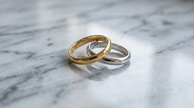 Two wedding rings rest on a white marble surface. A gold ring sits atop a silver ring, creating a visually appealing contrast.