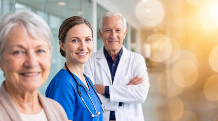Smiling female nurse stands with happy senior patient and doctor in a bright, modern hospital or clinic setting. © Medit_Studio