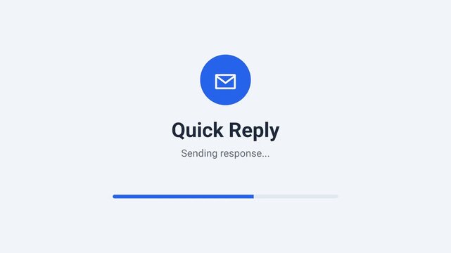 Quick reply animation, blue circle with white envelope icon and loading bar, digital interface, symbolizing efficiency and communication, representing modern customer service, seamless loop.