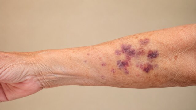 Close-up of elderly arm with multiple dark bruises and skin discoloration