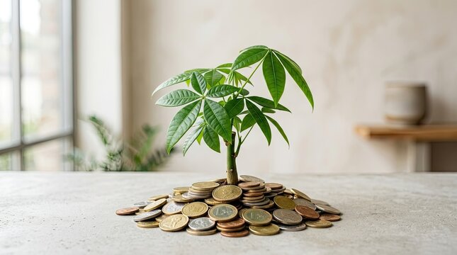 A small paelia plant grows on a pile of coins. The plant&rsquo;s roots are nestled among a collection of various currencies, including pennies, nickels, dimes, and quarters.