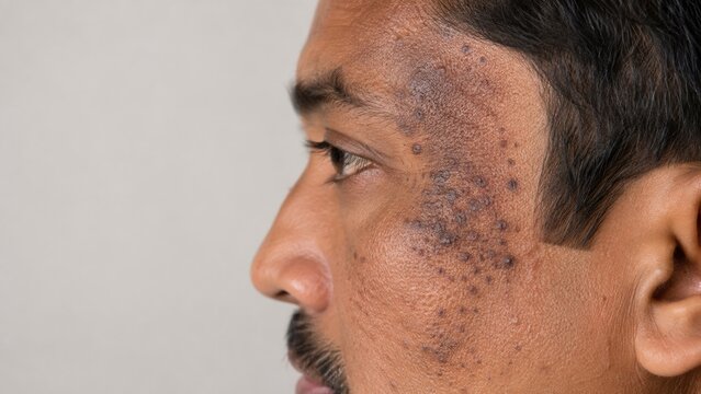 Close-up of man with dark skin hyperpigmentation and acne scars on face side