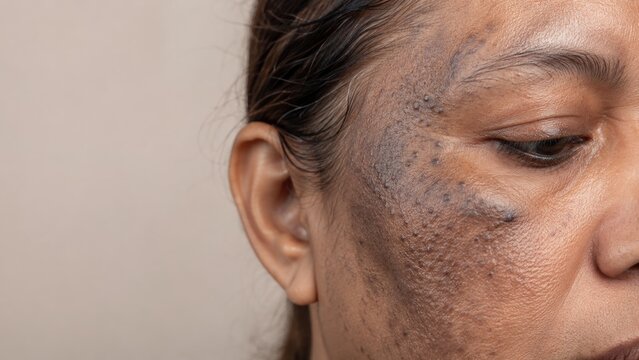 Close up of woman with dark skin hyperpigmentation and acne scar on cheek