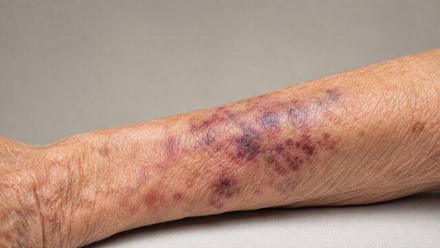 Close-up of elderly arm with extensive dark bruising and skin discoloration