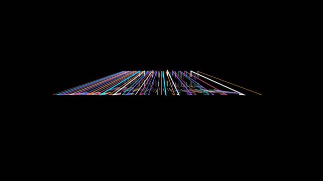 Vibrant neon light lines converge into a central pyramid shape in this dark digital animation motion video graphic design