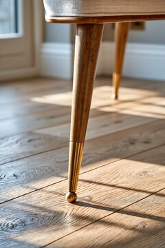 Closeup of tapered wooden desk leg with brass tip meeting wide plank oak floor in a Mid-Century Modern home office setting
