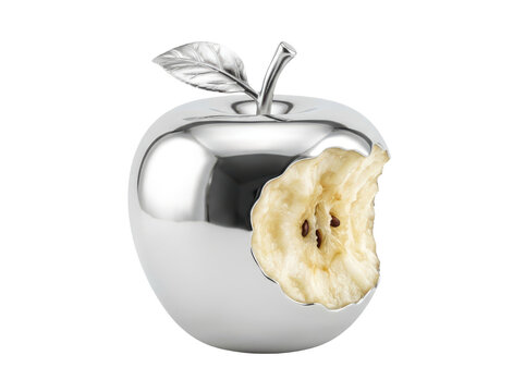 Silver apple with bite taken out of it shiny metallic fruit art sculpture.