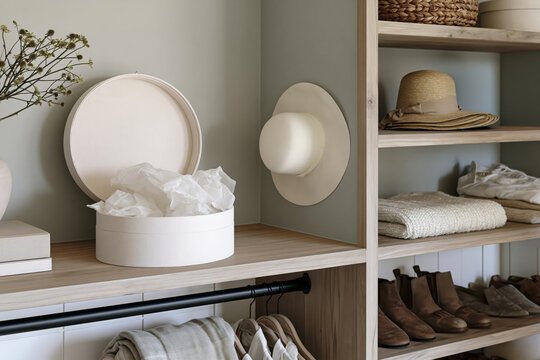 Open hatbox with tissue paper on a bleached oak shelf in a modern coastal walk-in closet featuring a dusty teal wall and various accessories