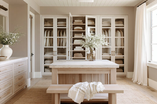 Modern Coastal dressing room featuring bleached oak island, glass cabinetry, and natural light illuminating neatly folded sweaters and decor