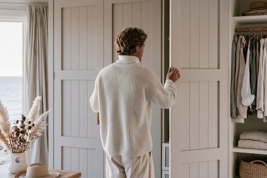 Young man in cotton turtleneck closing wardrobe cabinet door in modern coastal bedroom with warm morning light and soft decor elements